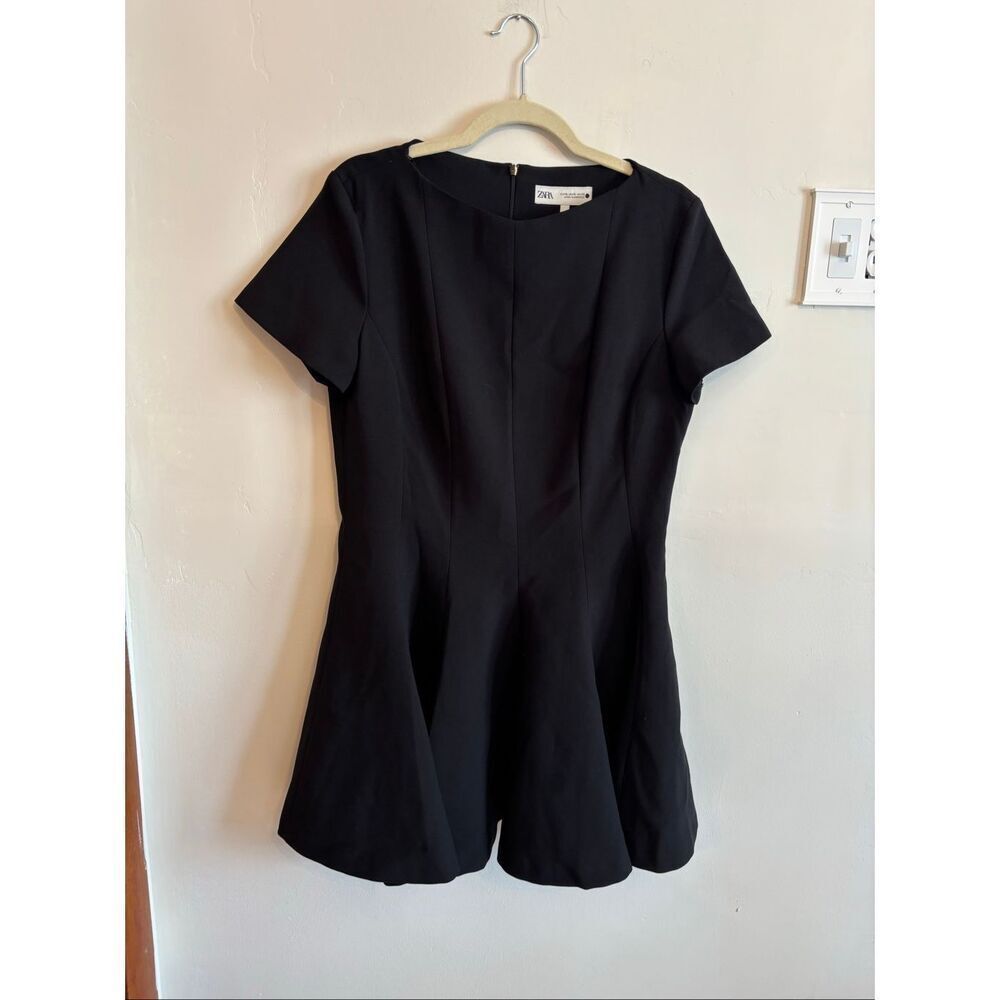Zara Godet Fit & Flare Dress XL Black Scoop Neck Short Sleeve Above Knee